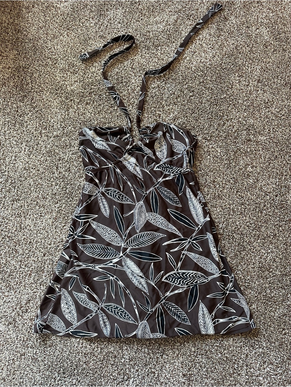2000’s Y2K Brown and white floral print halter neck mini swim dress